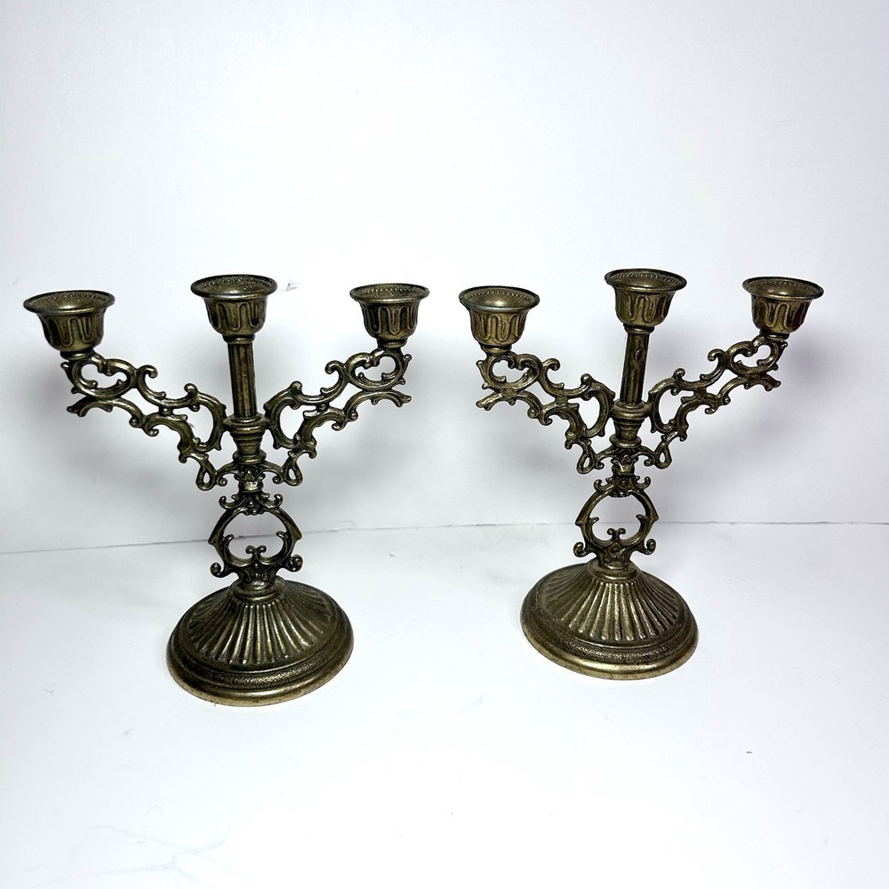 Interpur Mini Italian Brass Three-Arm Candelabra Antique Gold Scroll Pattern 2